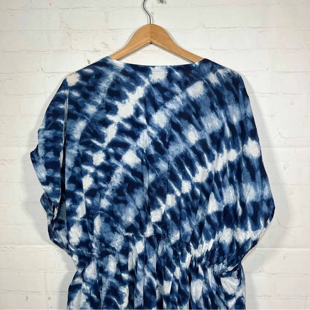 Lands' End Tie Dye Swim Cover Up Womens Large Blue Drawstring Waist Dress Tunic